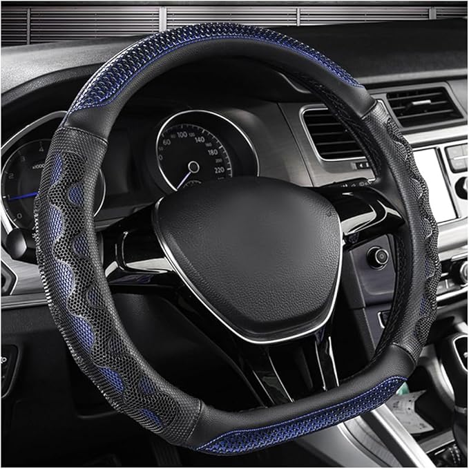 Car Steering Wheel Cover, 15 Inches 3D Honeycomb Design Car Steering Wheel Protector with Comfy Grip, Breathable Anti-Slip D-Shaped Steering Wheel Sleeve for Most Vehicles (Blue)
