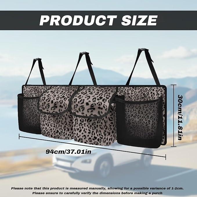 Car Trunk Hanging Organizer, Thick Backseat Storage Bag with 2 Pockets, 2 Mesh Pockets and 3 Adjustable Shoulder Straps, Foldable Interior Accessories Releases Trunk Space,Leopard