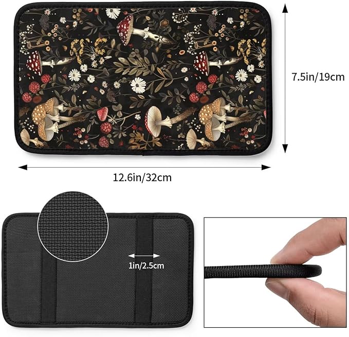 Mushroom Print Car Armrest Box Mat Vintage Boho Brown Floral Auto Center Console Cover Leaf Cars Arm Rest Seat Box Covers Accessories Interior Protection for Most Vehicle SUV Truck