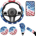 America Flag Print Car Steering Wheel Cover Independence Day Car Accessories Handbrake Cover Cup Coaster Auto Interiors Decor for Men Women 6pcs