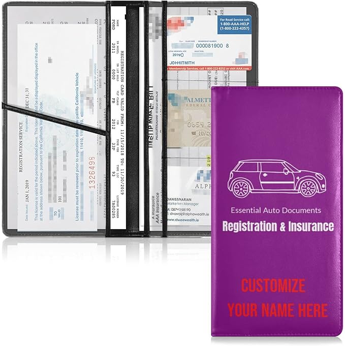 Caihoyu Custom Car Registration and Insurance Card Holder Personalized Leather Glove Box Organize Men Women Wallet Accessories Case for Cards, Essential Document Driver License Purple
