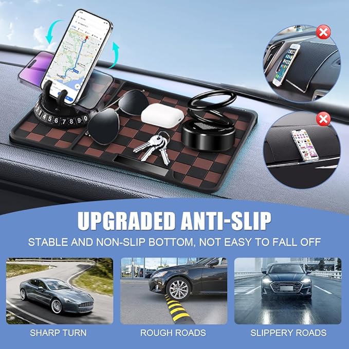 NHHEO Car Anti Slip Mat Dashboard Tray Decorations Sticky Pad Thicken Washable with 360° Rotating Universal Phone Pad Holder+Number Plate for GPS Aromatherapy Sunglasses Key(Black&Brown)