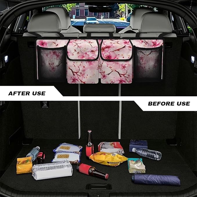 Pink Cherry Blossom Trunk Hanging Organizer Backseat Bag Foldable Cargo Storage with 4 Pockets 3 Adjustable Straps Keep Your Trunk Neat and Organized