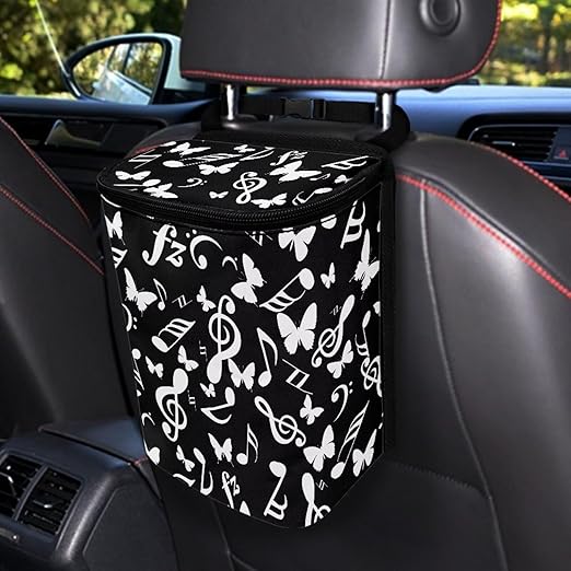 Music Notes Butterfly Car Trash Can with Lid Cars Trash Bag Bin Hanging Garbage Cans Leak Proof Vehicle Trash Can Multipurpose Storage Container for Back Seat Road