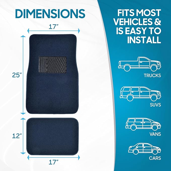 BDK Premium Carpet Blue Floor Mats for Cars - Universal Fit Interior 4-Piece Car Mats Full Set with Vinyl Heel Pad Protector - Cute Car Accessories Interior Floor Covers for SUVs & Trucks