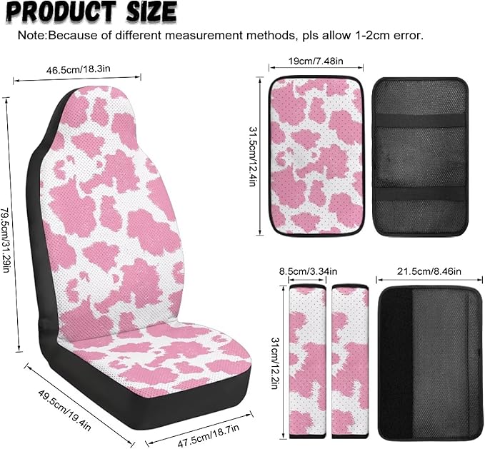 FUSURIRE 5 Pieces Pink Cowhide Print Car Accessories Set PU Front Seat Covers, Seat Belt Covers & Center Armrest Pad for SUV Car Truck