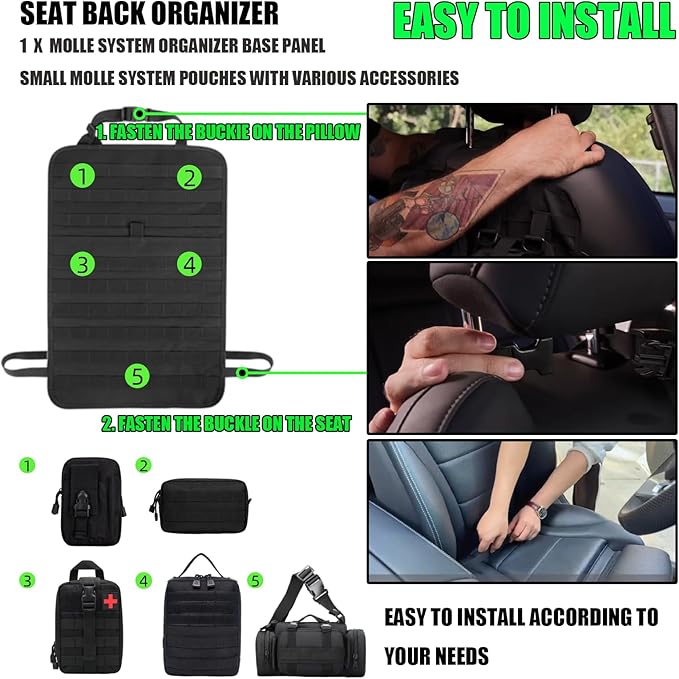 AIAUTOAIEV 7 PACK Tactical Seat back organizer Truck organizer With 6 Detachable Pouches Universal For Car Truck Ford Jeep Military-Grade Heavier Panels With Multi-functional Packs (6 pack Black)