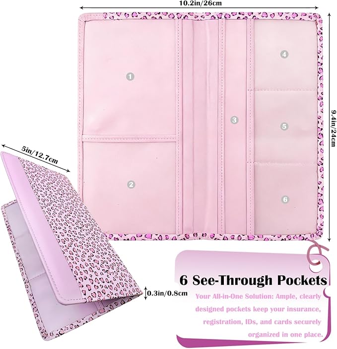 FinestHouse Car Registration and Insurance Holder with Magnetic Closure, Universal Document Organizer for License, Insurance Cards & Glove Box Storage (Leopard-Pink)