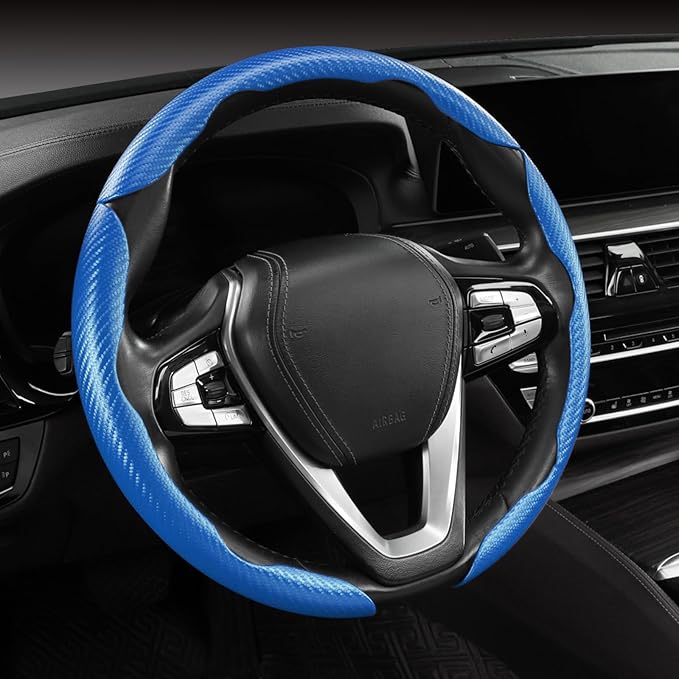Carbon Fiber Steering Wheel Cover 3pcs Anti-Slip Car Steering Wheel Accessories Snap on Grip 15 inch Universal Blue