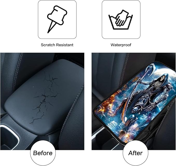 JANENFNA Car Armrest Cover Pads Universal Fashion Cute Auto Center Console Armrest Cover Pad with 2PCS Car Coasters Soft Waterproof Car Armrest Seat Protector for Women,Black Grim Reaper