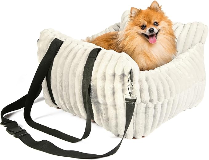 HOMLOVE Dog Car Booster Seat, for Small Dogs Under 30 lbs, Detachable Washable Travel Bed with Storage Pockets and Safety Belt (Beige, Medium)