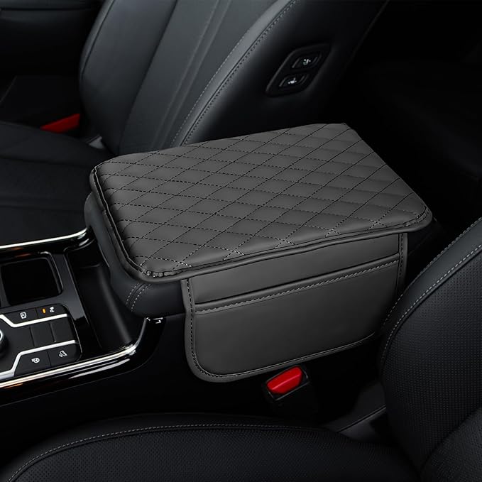 Car Center Console Cover, Leather Car Arm Rest Cover with 2 Storage Bags, Universal Auto Armrest Cushion Pad, Automobile Interior Accessories Protector for Most Vehicles, SUVs, Trucks (Black)
