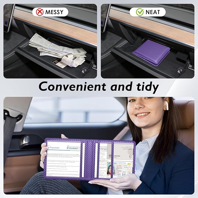 Tavonis Car Registration and Insurance Card Holder，Small Glove Box Organizer for Men and Women，Car and Truck Driver License, Documents, Card Storage Accessories，Purple
