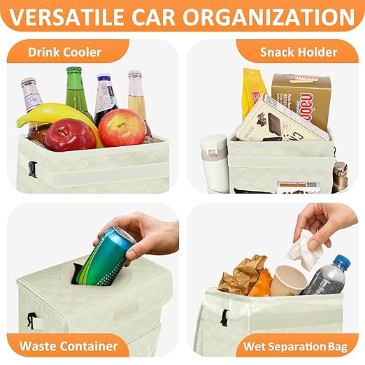 Vankor White Car Trash Can Cute, White Car Accessories for Women Waterproof Automotive Garbage Cans Leak Proof Vehicle Trash Can Diamond Pattern-Beige