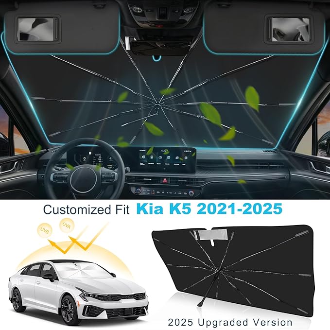 2025 Upgrade Windshield Sun Shade Umbrella Custom Fit for Kia K5 2021-2025 Foldable UV Protection Car Cover, Emergency Rain Shield & Dashboard Protector - Durable Auto Accessory