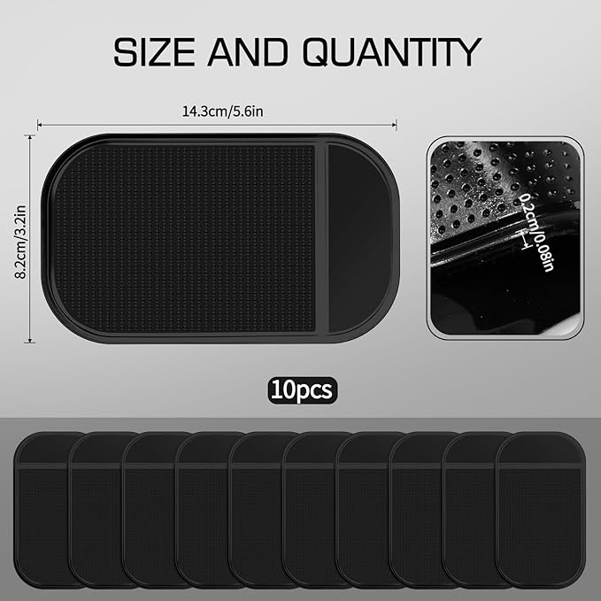 Car Dashboard Non Slip Mat, Anti-Slide Sticky Gel Dashboard Pad 5.5 x 3 Inch Multi Sticky Mat for Radar Detector, Cell Phone, Keys, Mirrors, GPS, Coins (10 Pack Black)