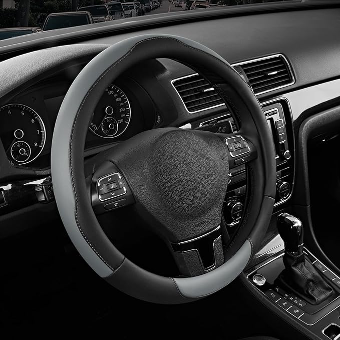 Road Comforts Steering Wheel Cover, Breathable Anti-Slip Leather Steering Wheel Cover, Universal Fit 14.5–15 Inch, Comfortable Grip - Gray Color