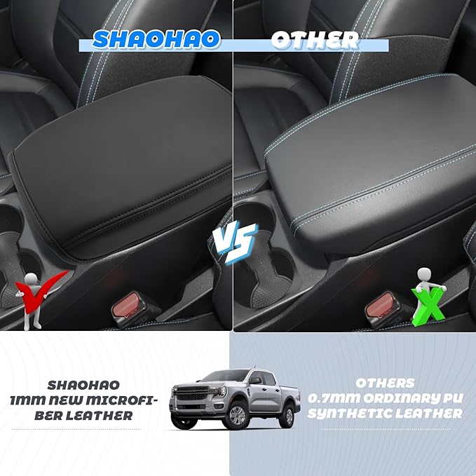 SHAOHAO for 2024 2025 Ford Ranger Center Console Cover Compatible with 2024 2025 Ford Ranger Accessories (XL/XLT/Lariat/Raptor) Armrest Cover 2024 2025 Ranger Anti-Scratch Middle Lid Leather Cover Pad