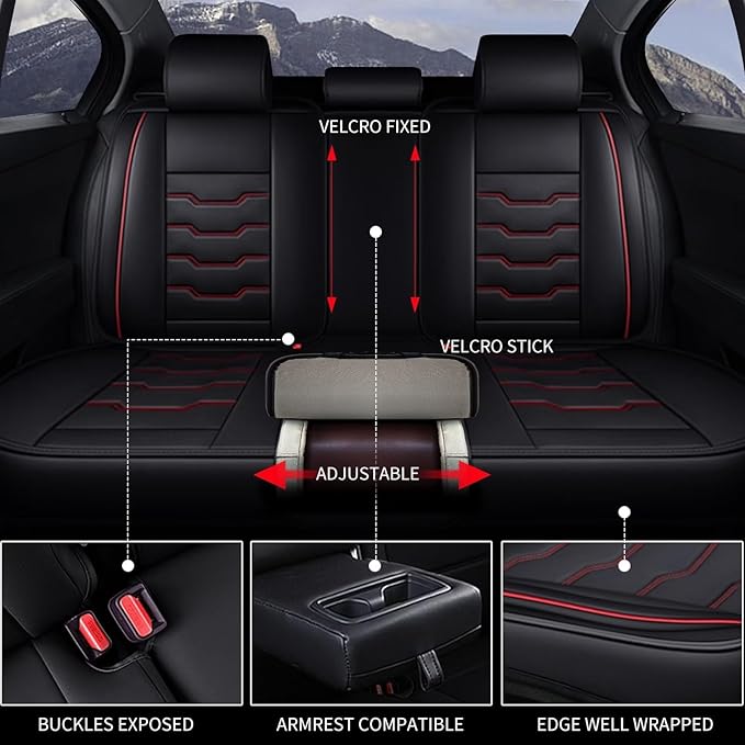 DISUTOGO Seat Covers Fit for Murano 2011-2023 2024 2026 Seat Covers Full Set Car Seat Covers Faux Leather Breathable Waterproof Car Seat Protector (5 Seats, Black&Redline)