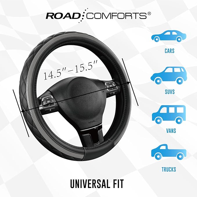 Road Comforts Leather Steering Wheel Cover – Black & Gray, Universal Fit 14.5-15 Inch, Microfiber Leather, Anti-Slip & Breathable Design for Men and Women