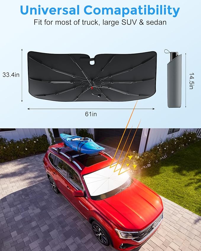 [Upgrade] DMJN Umbrella Windshield Sun Shade, [Nano-Ice-Crystal Coatings] Umbrella Sunshade for Car - Protect Interior from UV & Keep Car Cooler (Large)