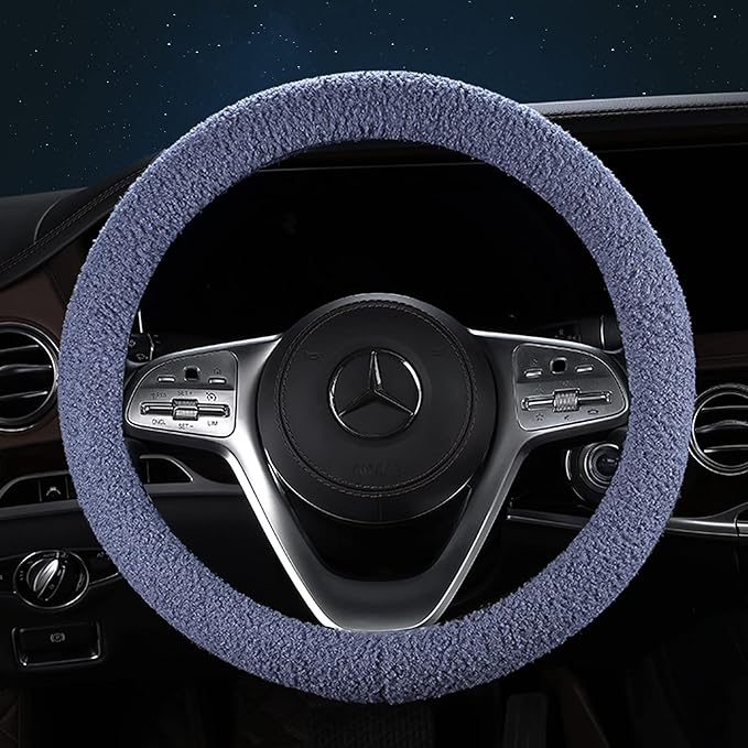 Furry Winter Car Steering Wheel Cover for Women, Soft Fleece Plush Warm Universal Auto Accessories for Jeep, Truck, Van, F150, Fuzzy, Anti Slip, Blue, Large Size, 15.2-16in