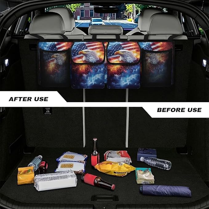 Trunk Hanging Organizer, Bald Eagle American Flag Backseat Bag, Car Interior Accessories Decoration with Pocket for Groceries, Provide Storage Space for SUV, Jeep, MPVs