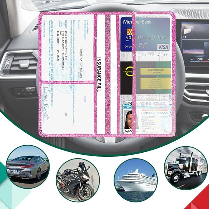 Vehicle Glove Box Car Organizer, Car Registration and Insurance Holder, Insurance Card Holder for Cars, Leather Card Holder Interior Auto Accessories for Women (Glitter-Red)