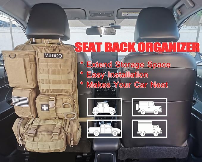 Car Truck Seat Back Organizer Tactical Molle, Upgrade Tactical Vehicle Panel Organizer with 5 Detachable Molle Pouch, Universal Fits for Most of Vehicle (Black)