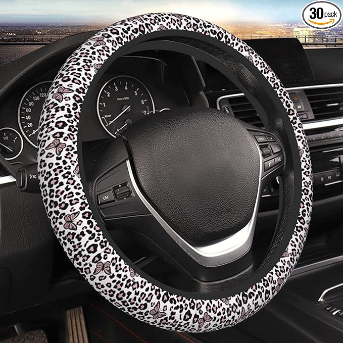 Black And White Leopard Print Auto Car Pink Butterfly Steering Wheel Cover Universal 15 Inch Neoprene Interior Decor Protection Accessories