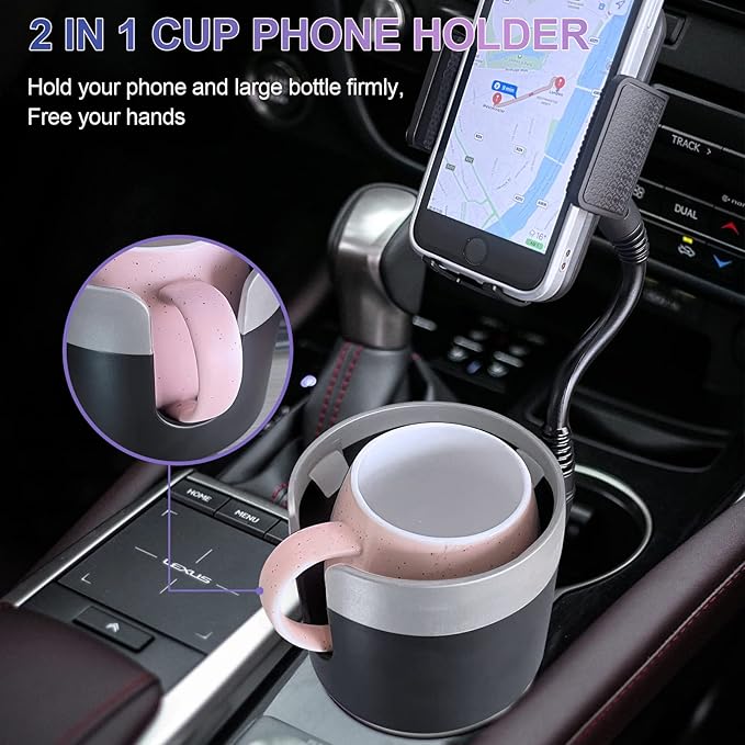 JINKEY Car Cup Holder Expander with Phone Mount,360°Rotation Gooseneck Phone Holder with Adjustable Base Cup Holder for Car Compatible with iPhone & All Smartphones