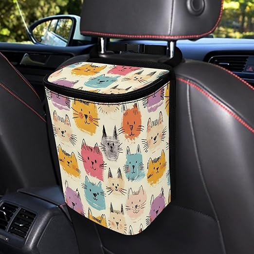 Cute Cats Print Car Trash Can with Lid Hanging Car Trash Bag Leak-Proof Portable Cars Garbage Bin Truck Sedan Accessories Interior Cars Organizer