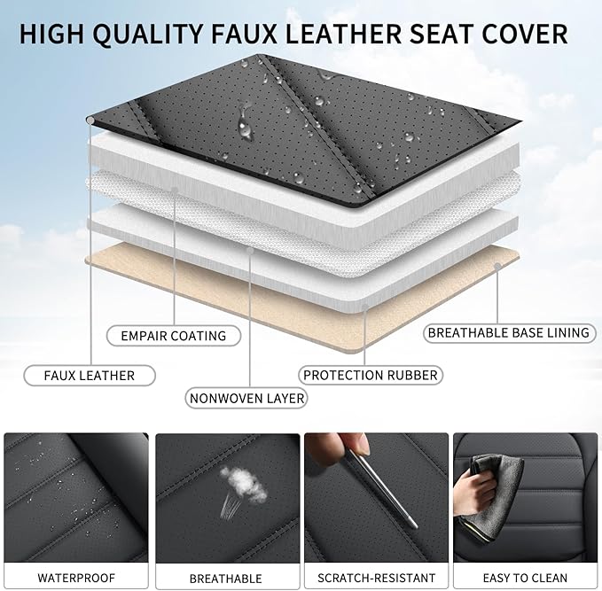 COVER EMPIRE Car Seat Covers Full Set, 5Pcs Universal Leather Seat Covers for Cars, Waterproof Front and Rear Seat Covers Breathable Automotive Vehicle Seat Cover for Most Trucks, SUVs, Sedans, Black