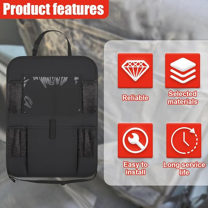 2PCS Car Backseat Organizer, Waterproof Oxford Fabric Car Seat Protector with 10" Touch Screen Tablet Holder and 5 Storage Pockets, Universal Auto Kick Mats Road Trip Accessories (Black)