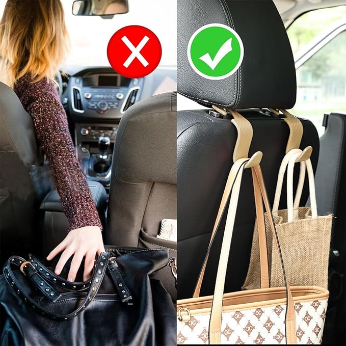 Car Back Seat Headrest Hooks, 4PCS Vehicle Backseat Storage Organizer Hanger, Multifunctional Auto Headrest Hidden Hook Universal for Handbag Purse Backpacks Bags(Carbon Fiber Beige)