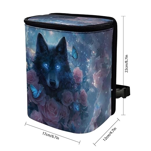 Talayituse Wolf Rose Butterfly Print Car Trash Can with Lid, Leak Proof Auto Trash Bag Hanging Vehicle Garbage Can Multipurpose Storage Container for Back Seat Road Trip