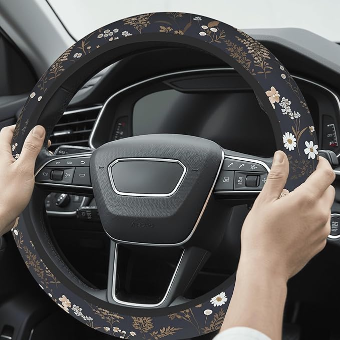 Cute Steering Wheel Cover for Women, Machine Washable Universal 14.5-15.5 inch Non-Slip Grip All Weather Use (Retro Floral Brown)