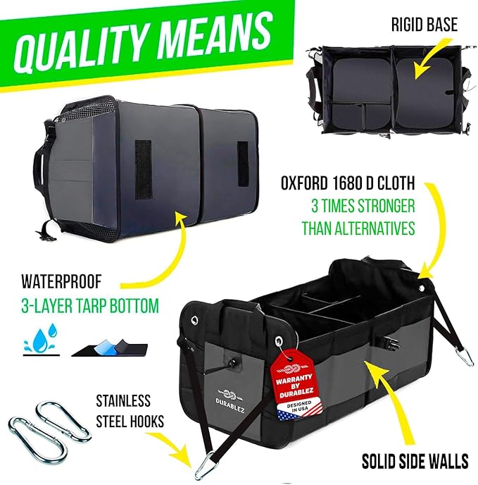 DURABLEZ Modular 5-Section Trunk Organizer XL – Car Storage for Groceries, Tools, Sports Gear, Emergency Kits – Extra Large Multi-Module Cargo Box, Foldable, Detachable, Heavy Duty Design – Gray
