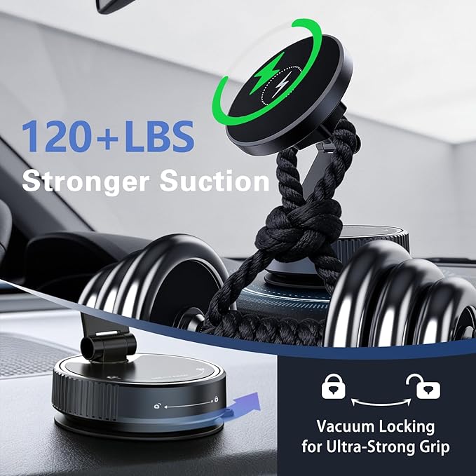 Wireless Car Mount Charger for MagSafe [15W Faster Charging, 120+LBS Suction & 2800gf Strongest Magnetic, RGB Lighting] 360° Adjustable Vacuum Phone Holders for Your Car Charger for iPhone