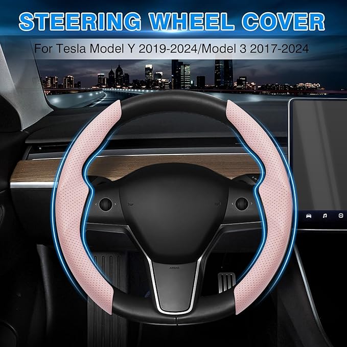 Shademax Custom-Fit for Tesla Steering Wheel Cover, Tesla Model Y / 3 2017-2025 (Fit Model Y Juniper 2026/ Model 3 Highland) Carbon Fiber Steering Wheel Cover for Tesla Model Y / 3 Accessories (Pink)