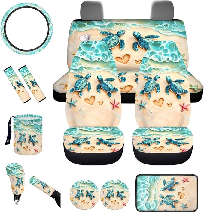 Dngkaoje Beach Sea Turtle Car Seat Covers Front Rear Full Set Steering Wheel Cover Seat Belt Pads Waste Bin Armrest Pad Cup Holders Handbrake Cover Full Set 13 Pcs Car Accessories Seat Protector