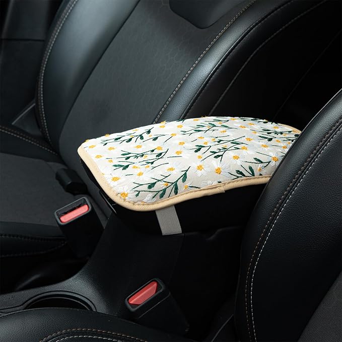 Embroidered Flowers White Cute Daisy Car Armrest Storage Box Mat,Embroidered Car Center Console Cover, Car Armrest Seat Box Cover Accessories Interior Protection for Most Vehicle, SUV, Truck, Car