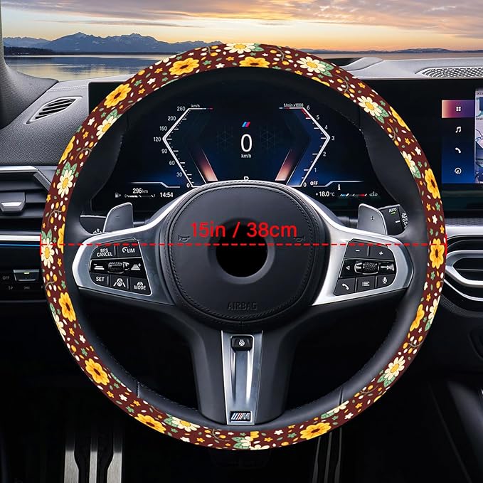 Car Steering Wheel Cover for Women Men, Non-Slip Breathable Cute Steering Wheel, Yellow Daisies Steering Wheel Protector, Car Accessories, Universal 14" 02/2-15" Fit Auto, Suvs