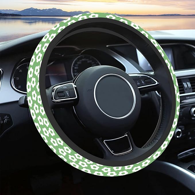 Car Steering Wheel Cover for Women Men, Non-Slip Breathable Cute Steering Wheel,Green Flowers Steering Wheel Protector, Car Accessories, Universal 14" 02/2-15" Fit Auto, Suvs