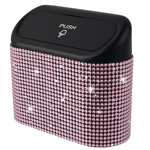 Bling Car Trash Can with Lid Mini Auto Garbage Bin Rhinestone Hanging Vehicle Trash Container Odor Proof Organizer (Pink)