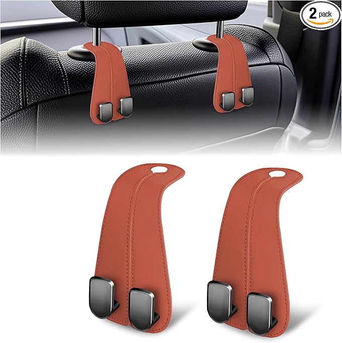 2 Packs Car Seat Hooks, Leather Car Headrest Hook, Car Purse Hook Seat Back Hanger Storage Organizer, Car Hook for Purses and Bags(Brown)