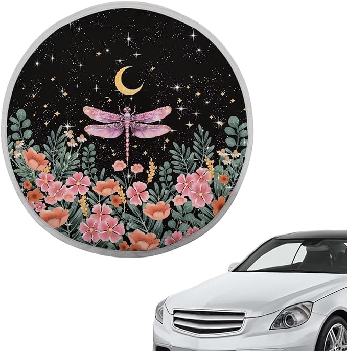 Steering Wheel Sunshade Cover Steering Wheel UV Reflector Shade Cover Car Interior Accessories Sun Protection for Car SUV Truck Van, Vintage Floral Dragonfly Moon Star Pattern