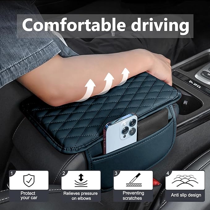 Car Center Console Cover Leather Armrest Cover Cushion with 2 Storage Bags Universal Car Armrest Seat Box Pad Car Interior Accessories Protector for Most Vehicle