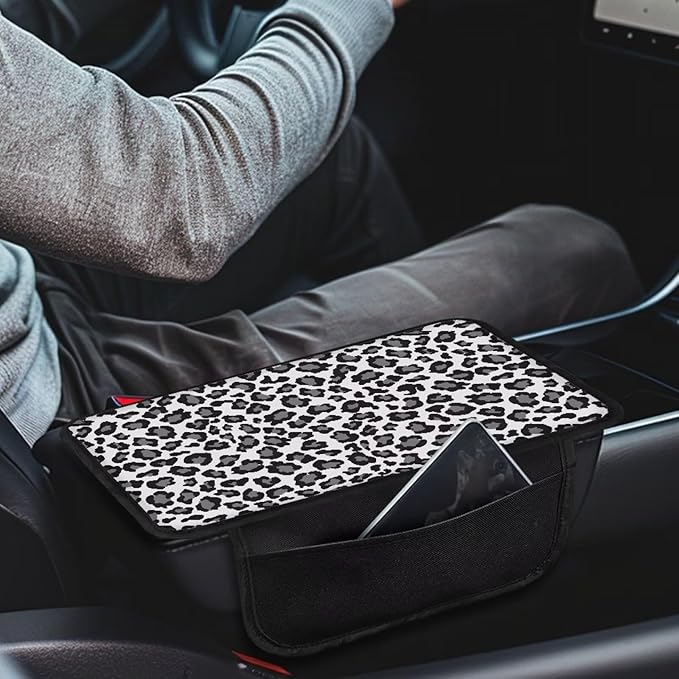 Dreaweet Grey Leopard Print Car Center Console Cover Cheetah Car Accessories for Women,Car Armrest Seat Box Cover Soft Vehicle Center Console Armrest Cover Pad Universal Armrest Cushion Pad