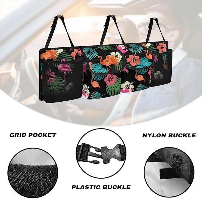 Car Trunk Organizer, Flamingo Tropical Floral Backseat Hanging Organizer with Pockets, Super Capacity -Trunk Storage Bag Decoration for SUV,Truck,Van